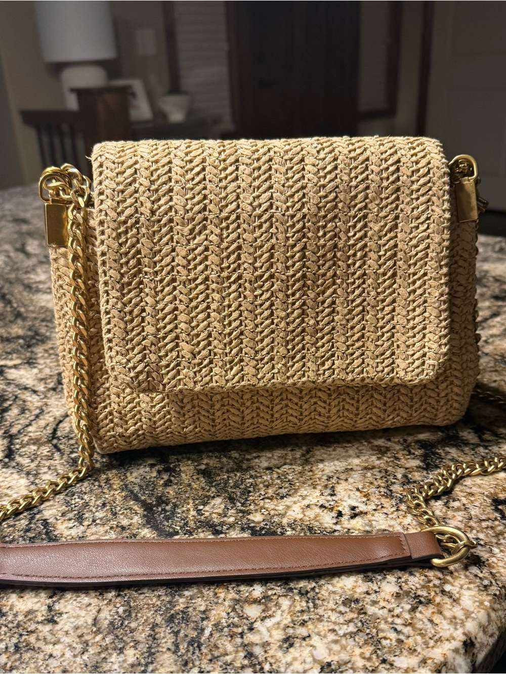 Zara Woven Straw Crossbody Bag or shoulder bag with Gold Chain - Beige
